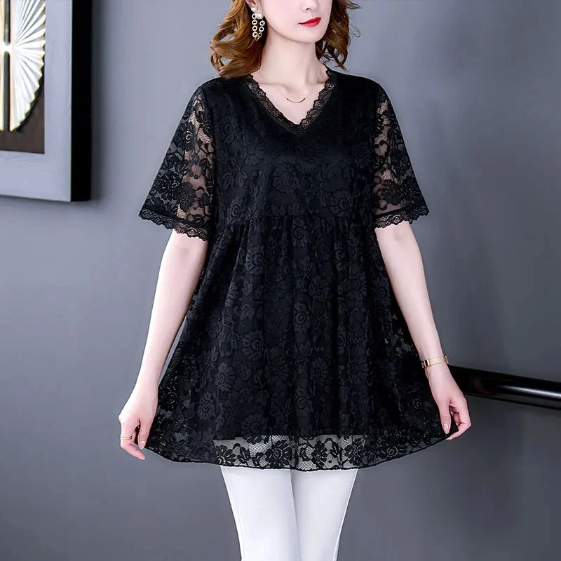 

Summer New Short Sleeve T-Shirt Large Size Women Clothes L-7XL Fashion V-Neck Lace Tops Middle Aged Female Loose Shirts