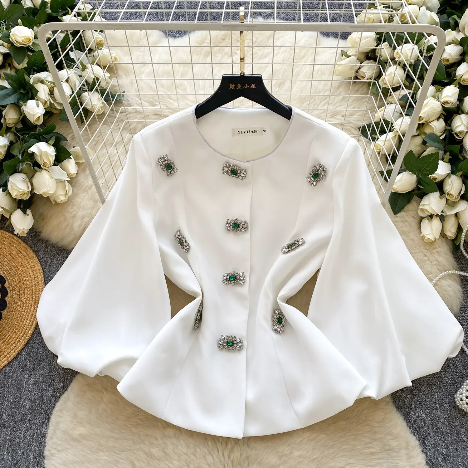 

Tops Women Top Coats Round Neck Lantern Sleeve Y2k Streetwear Tigth Waist Elegant Splice Casual Work Slim Fit 2026 Spring