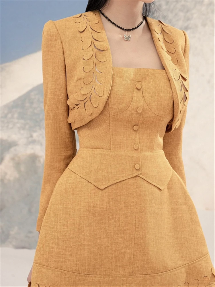 Robe à col carré et cardigan à manches longues pour femmes, veste en tweed, manteau jaune, tenues pour femmes, mélange, élégant, 2 pièces, ensembles