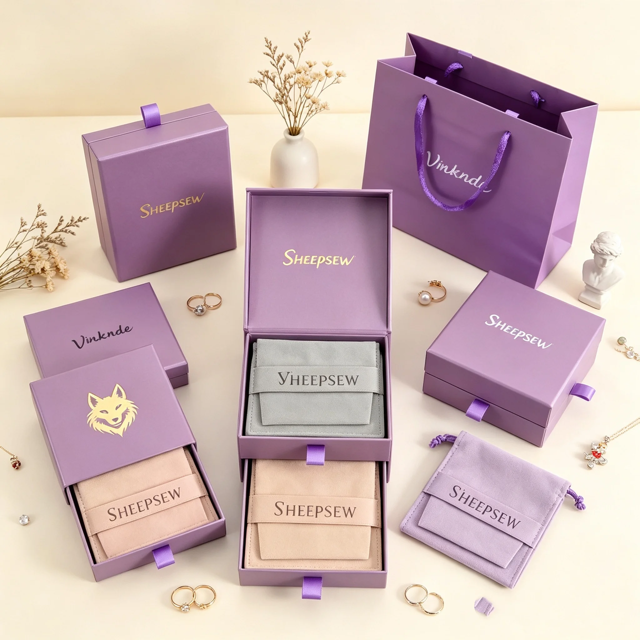 SHEEPSEW 24/50/100Pcs Custom Logo Purple Sliding Drawer Jewelry Gift Boxes 7x9x3cm With Microfiber Pouches For Necklace Ring Bra