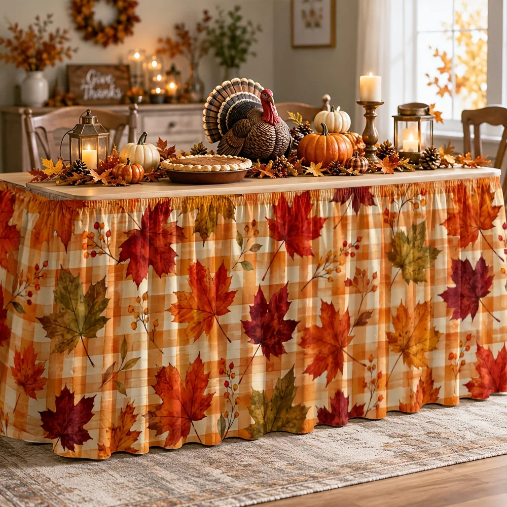 Table skirt / tableskirt autumn leaf plaid harvest thanksgiving fall foliage seasonal outdoor gathering