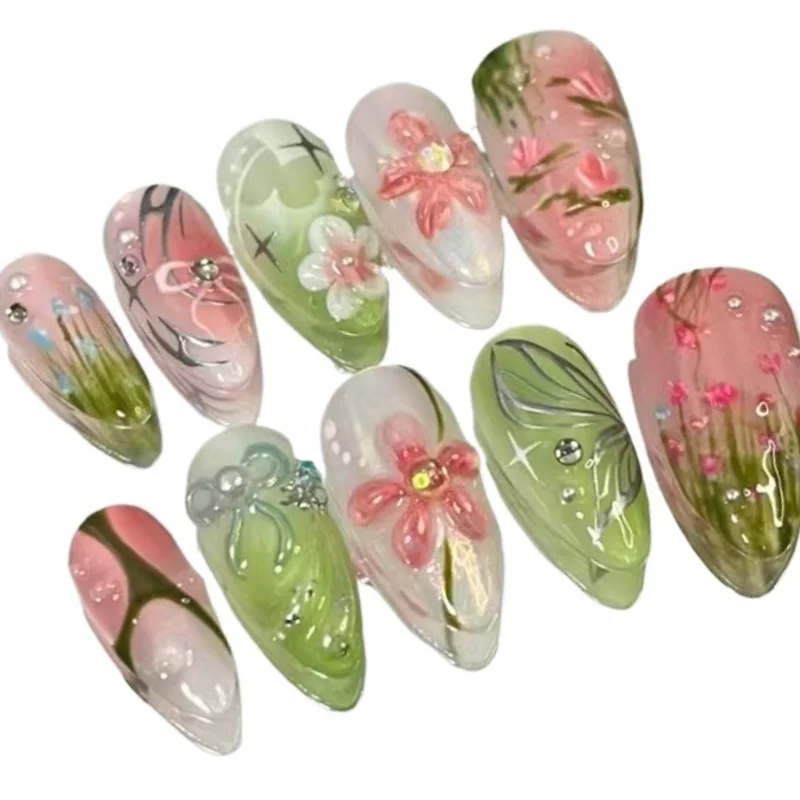 

24PCS Almond Fake Nails with Hand Painted Flower Leaf Pink Green Press on Nails Rhinestone Details Fresh Spring Fairy Nail Art