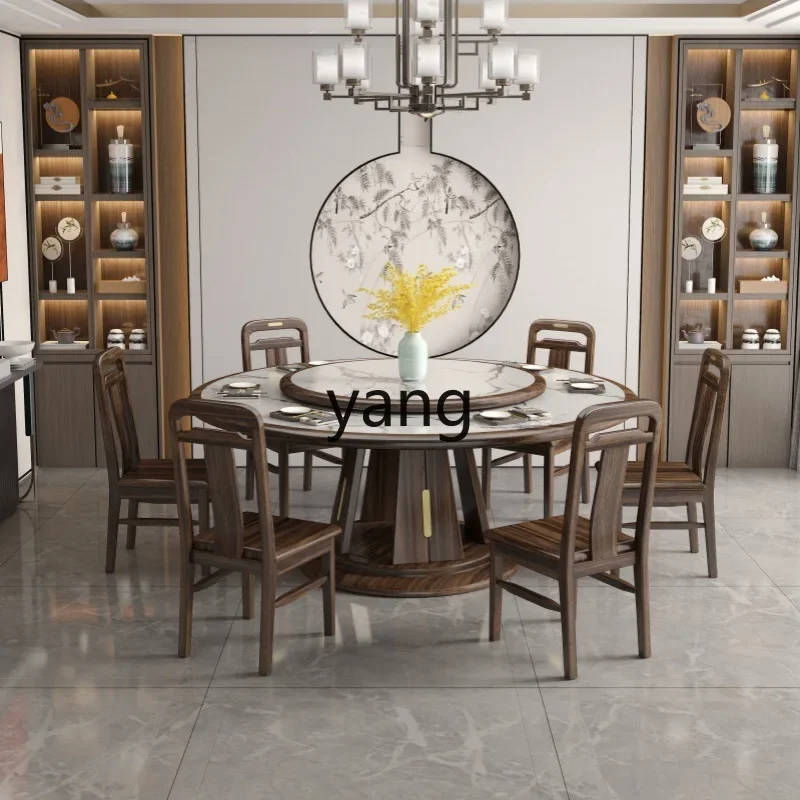 

CX new Chinese-style solid wood dining table and chairs household ebony rock slab dining table with turntable