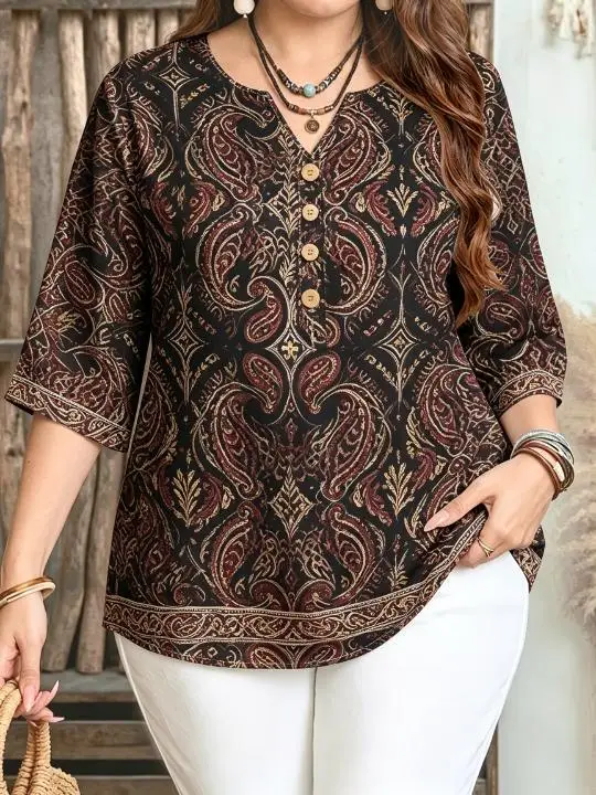 Women Vintage Paisley Full Print Blouse Notched Neck 3/4 Sleeve Loose Fit For Curvy Figures Daily Casual Ladies Tops