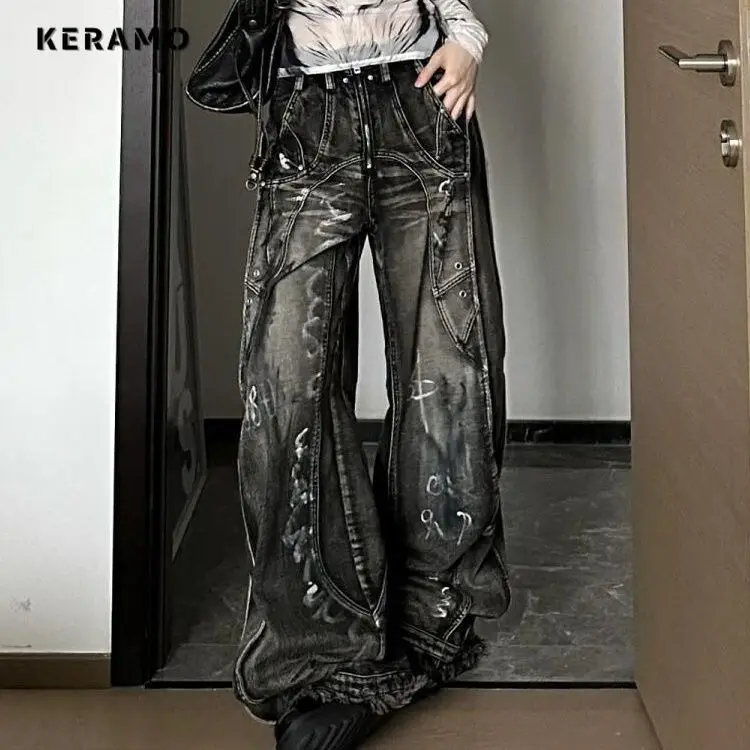 

Американские винтажные джинсы Waif с принтом для женщин Y2K Harajuku Street, брюки 2000-х годов, потертые повседневные джинсовые брюки в стиле гранж