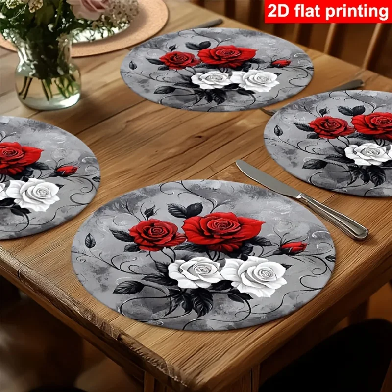 Round Placemats Set of 4 Red White Rose Vintage Linen Mats Non-Slip Heat Resistant for Dining Party Table Decor