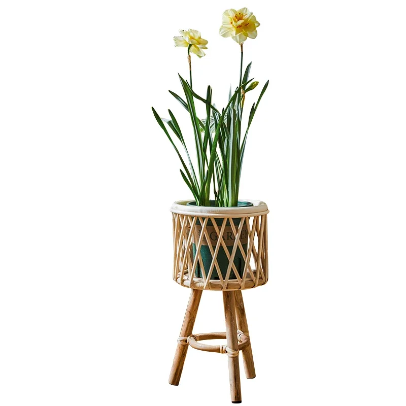 Nordic Rattan Woven Flower Rack - Bamboo Woven Plant Stand, Living Room Balcony Corner Plant Stand, Flower Shelf