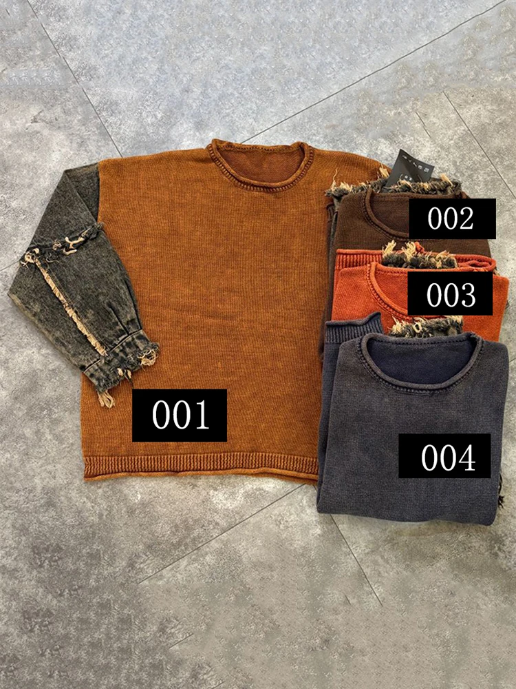 Amax LuluE 2025 Fall Fashion Women Denim Patchwork Sweaters Loose Vintage Knitted Pullover Ladies Casual Big Size O Neck Jumpers
