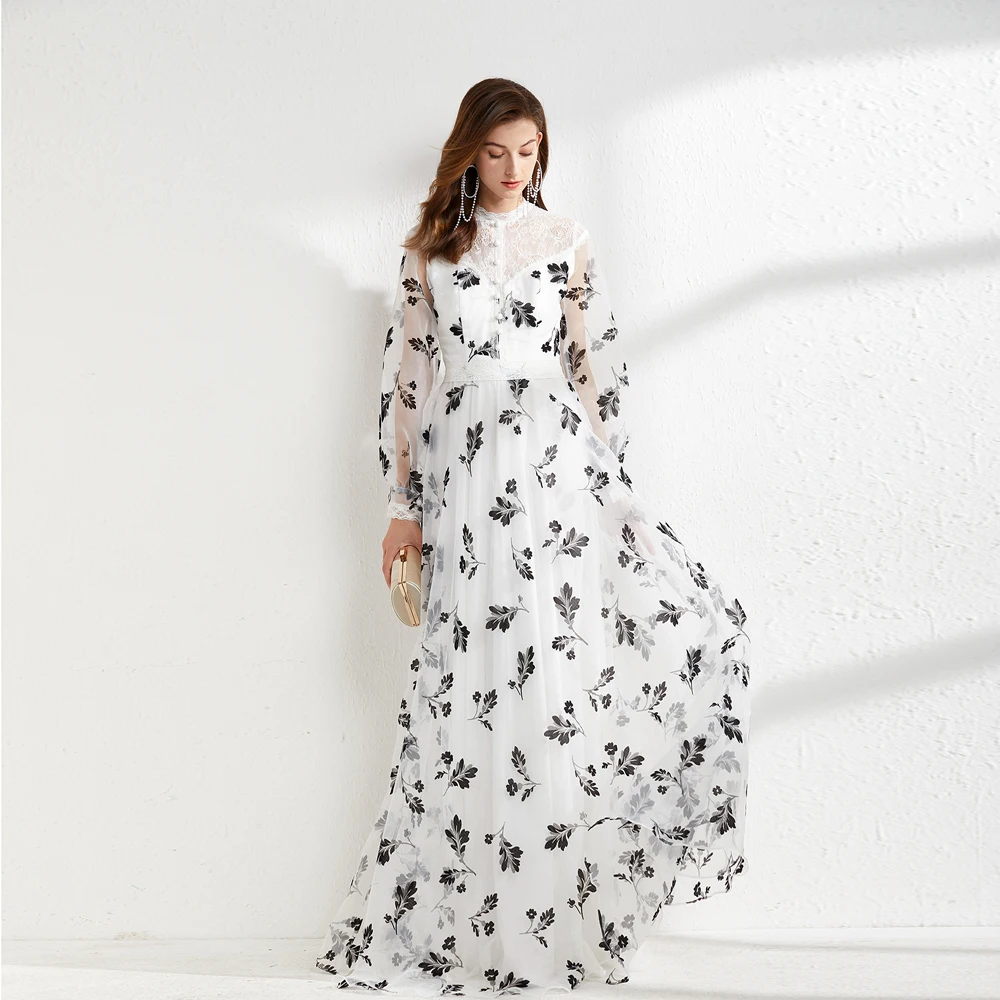 Women's Dresses Stand Collar Lace Patchwork Printed Organza Elegant Designer Maxi Vestidos