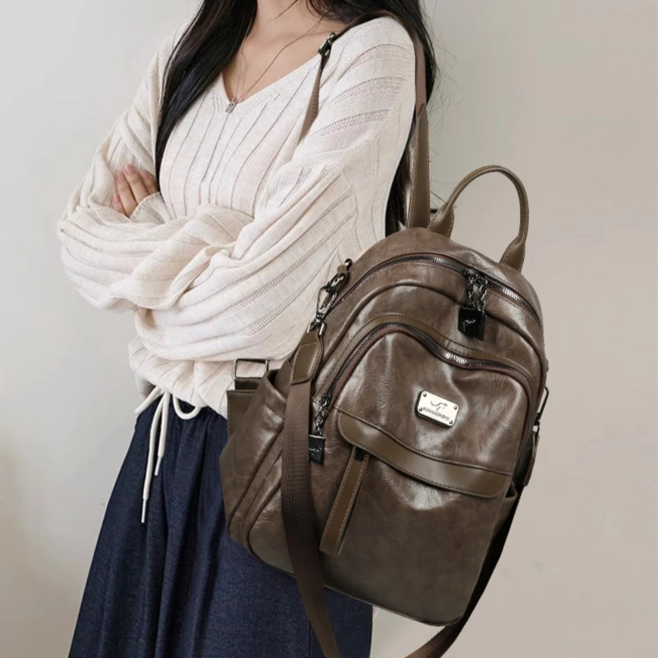 Genuine Brand Casual Backpack with Wide Strap Top Quality Leather Women Shoulder School Bags Large Capacity Backpacks A4 Ipad