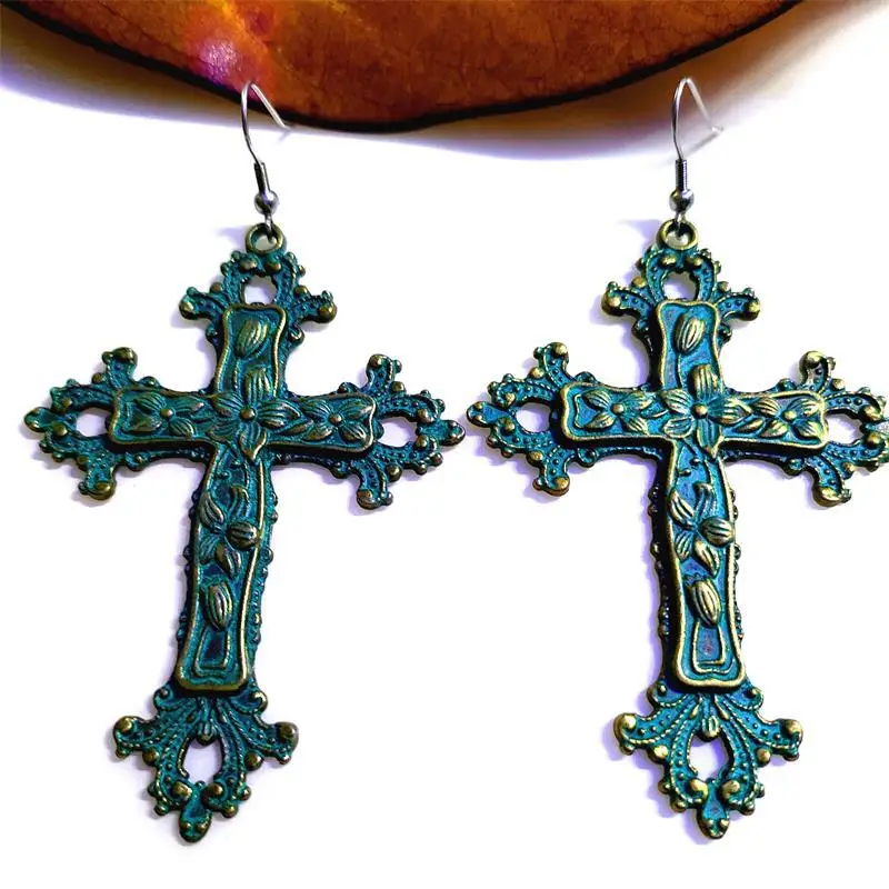 Винтажные серьги с крестом в средневековом готическом стиле с цветочным принтом в стиле ретро, зеленые металлические серьги OX, большие металлические серьги в стиле панк
