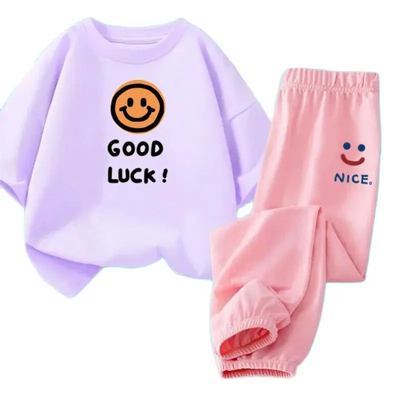 Girls Summer Sports 2pcs Set Kids Cotton Smile T-shirts+ Mosquito Pants Suits 3-14 Years Girls Loungewear Oufits Kids Clothes