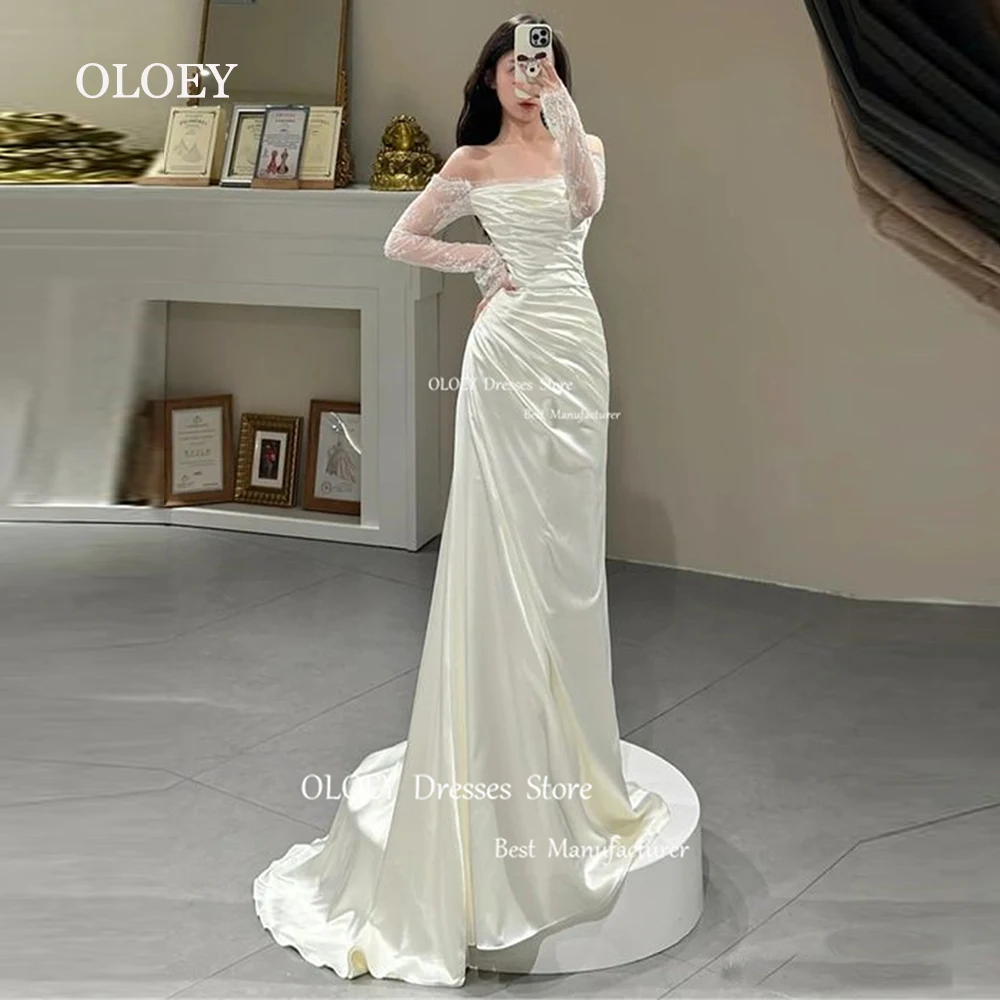 

OLOEY Elegant Off Shoulder Pleats Satin Wedding Dress Floor Length Mermaid Bridal Gown Sweep Train Corset Back Custom Made