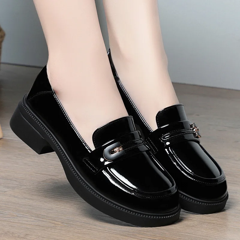 

3.5cm Comfortable British Style Shallow Bright Leather Loafers Women Pumps 2024 Spring Square Heels Chunky Platform Shoes Office