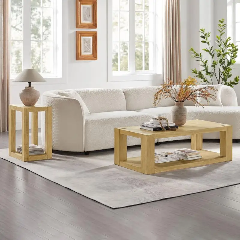 Juego de mesa de centro rectangular moderna de 2 piezas para sala de estar, mesas auxiliares de fácil montaje para dormitorio y oficina, acabado natural