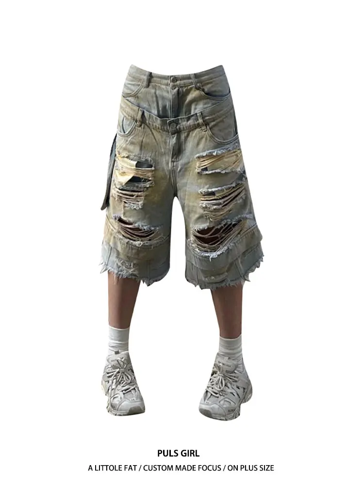 

Washed American Style Loose Fit Jeans High Waist Wide Leg Pants Torn Hole Casual Streetwear Five-Quarter Length Slimming