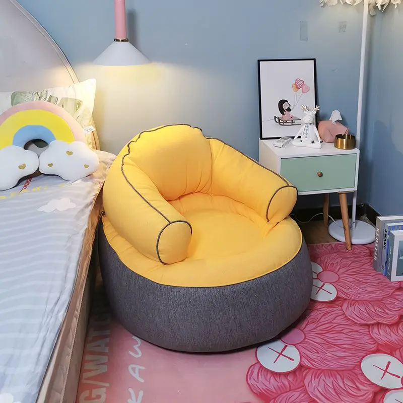 Bean Bag Sofa Two-Tone Yellow And Gray Padded Armrest Design Soft Fabric Cozy Lounge Seat For Living Room Bedroom Kids Room
