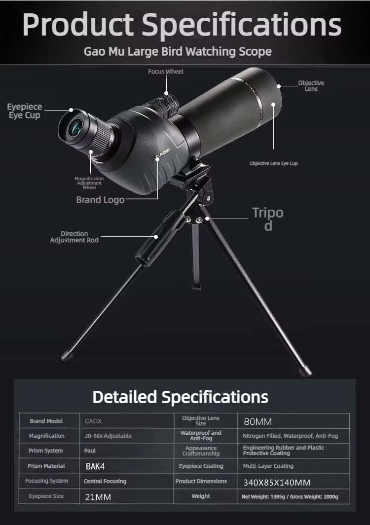 CAOX 20-60x80 Vogelbeobachtungsfernglas Hochleistungs-HD-Monokular-Teleskop für Outdoor-Zielbeobachtung und Live-Streaming – Detail 16