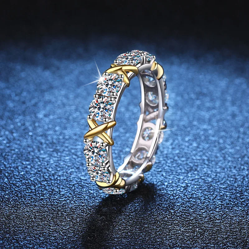 

S925 Sterling Silver Ring Mossanite Diamond Ring Classic Cross Two-color Row Ring Contrast Fashion