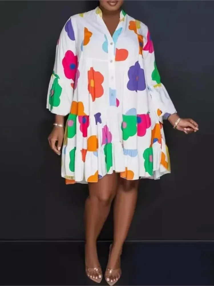 Autumn Women's New Loose Fashionable Printed Long Sleeved Sexy V-neck Single Breasted Shirt Big Swing Half Body Jumpsuit