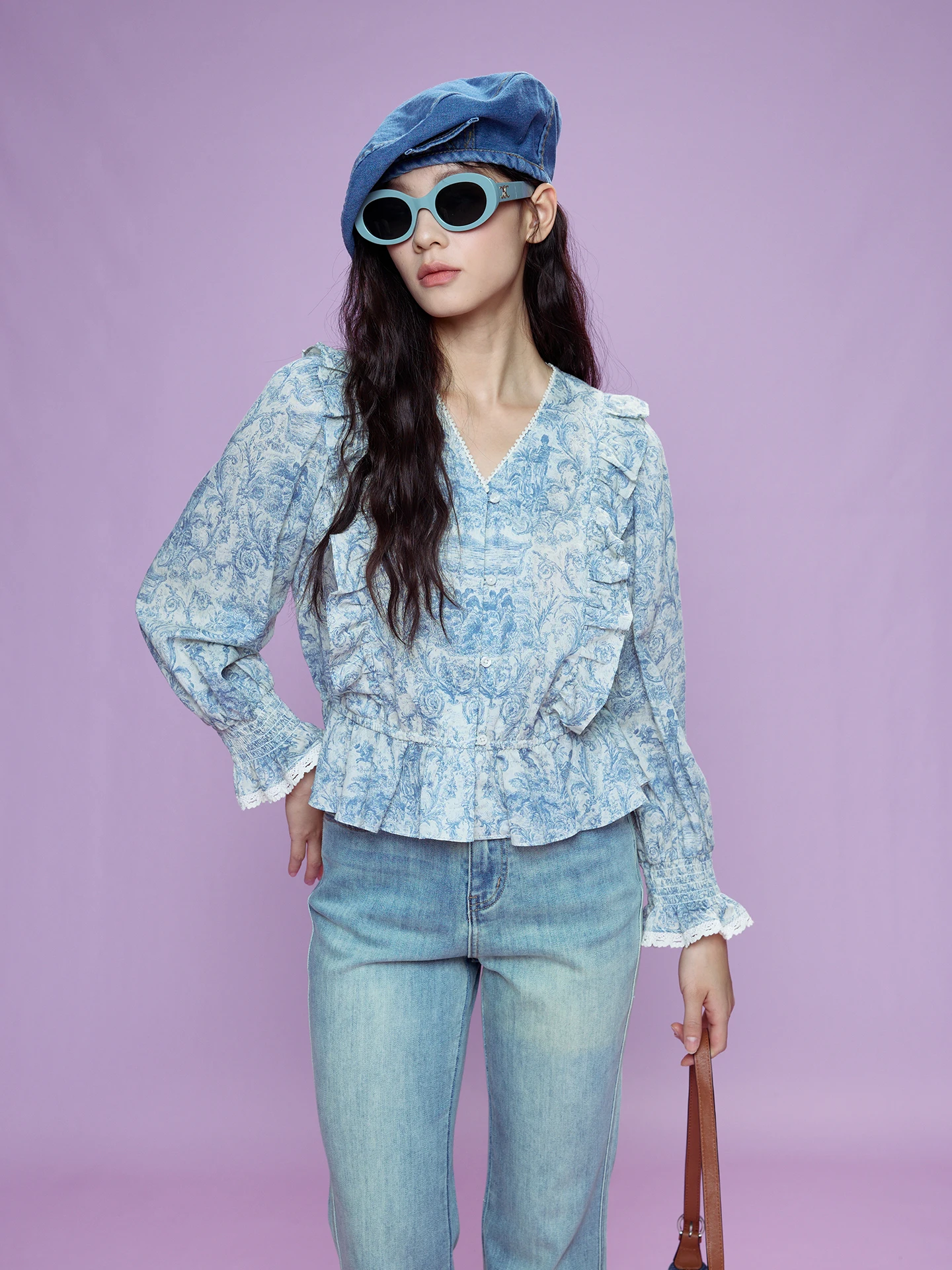 

Fay-Fayee Romantic Floral Lace Trim Cotton irt Women's Spring New V-ne Svel Breathable French Sle Pure Cotton