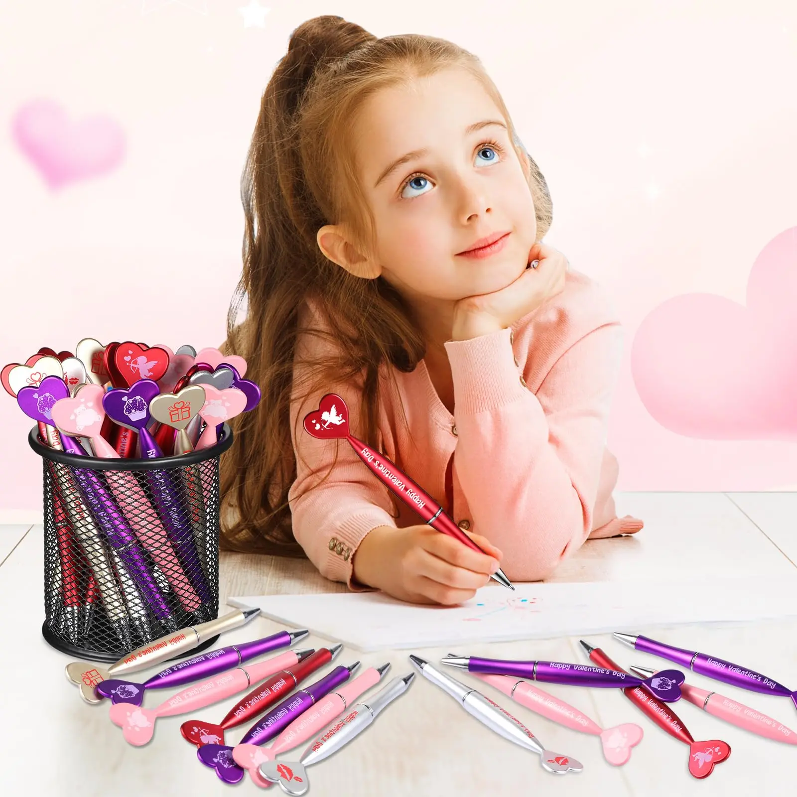 60Pcs Valentine\'s Day Heart Shape Pens Black Gel Ink Rollerball Pens for Office School Supplies Birthday Presents ballpoint pen