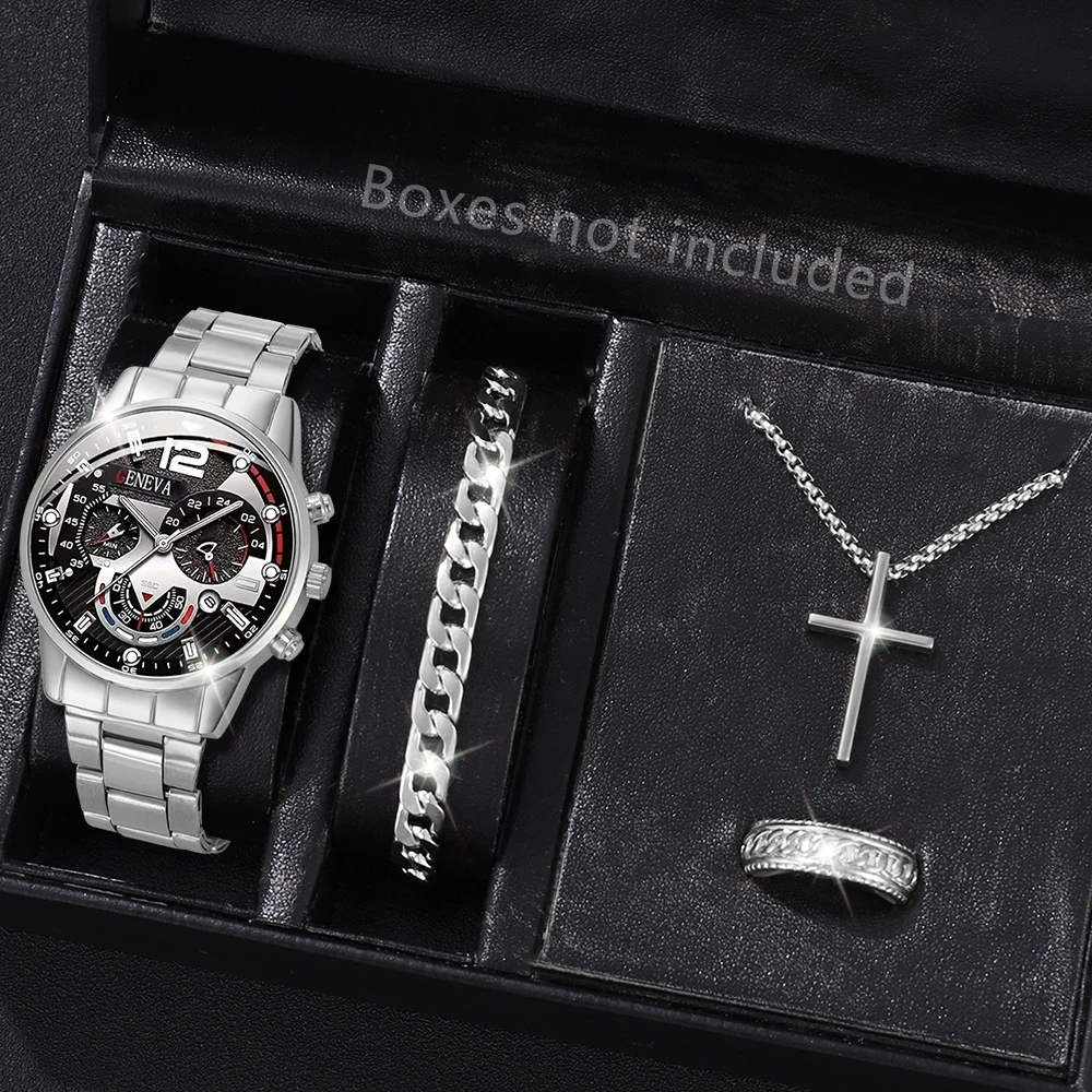 

4Pcs Cross Men Watch Jewelry Set Silver Stainless Steel Chronograph Wristwatch Cuban Bracelet Cross Necklace Ring Gift For Him