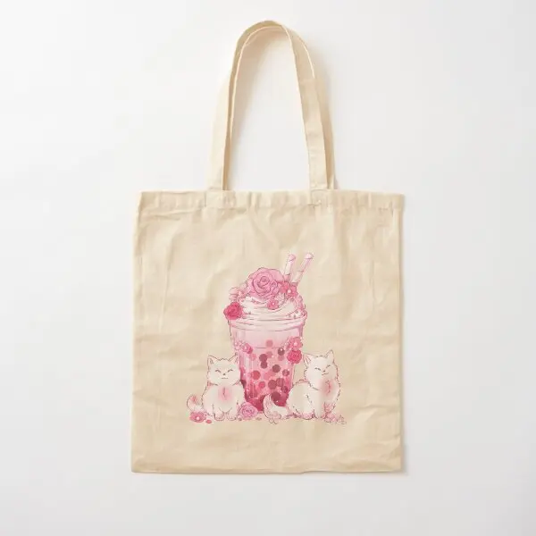 Pink Rose Sakura Bubble Tea Cotton  Canvas Bag Tote Handbag Foldable Shoulder Bag Fashion Unisex Women Travel Reusable Casual