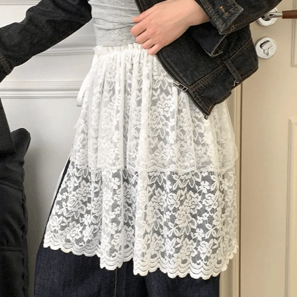 Fashion Embroidered Flower Mini Lace Skirt Double layered See Through Butt Curtain Lace Trim Long Short Skirt Jeans Decoration