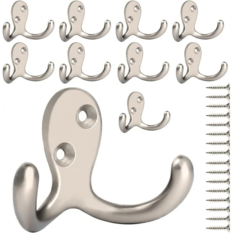 

IBosins 10 Pack Heavy Duty Prong Wall Mounted with 20 Screws Retro Double Utility Hooks for Coat, Scarf,