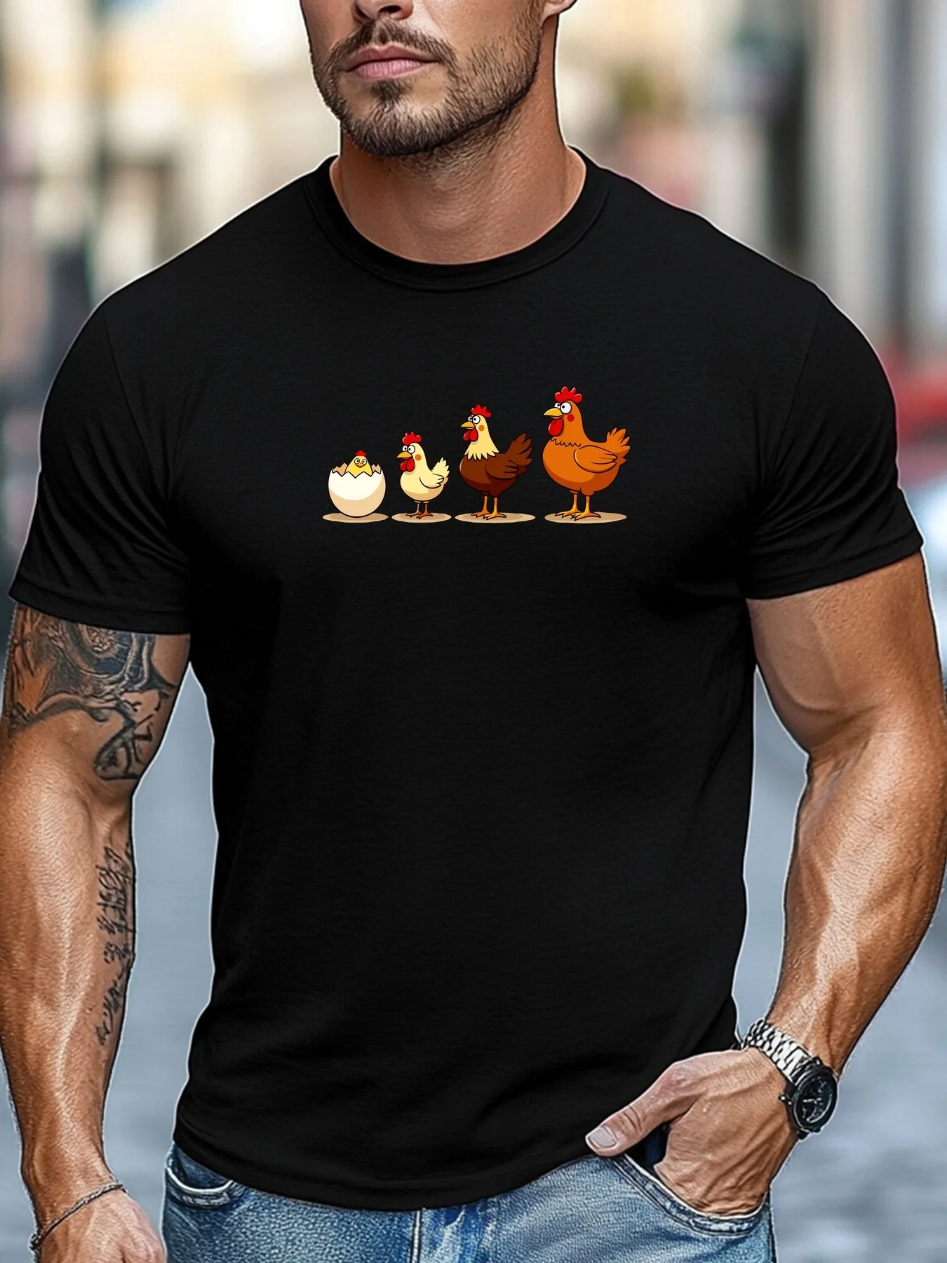 Street Fashion Evolution - Men Black Tee Chicken Growth Evolution