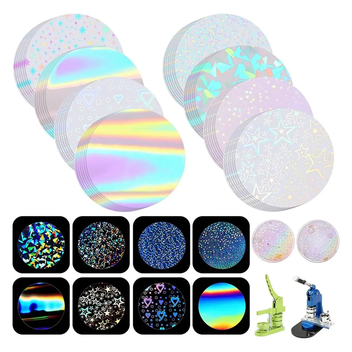 (N21R) 200 Pcs Badge Protective Film 44mm (1.77 in), 8 Styles of Holographic Glitter, Badge Film for 1.25 Inch 32mm Button