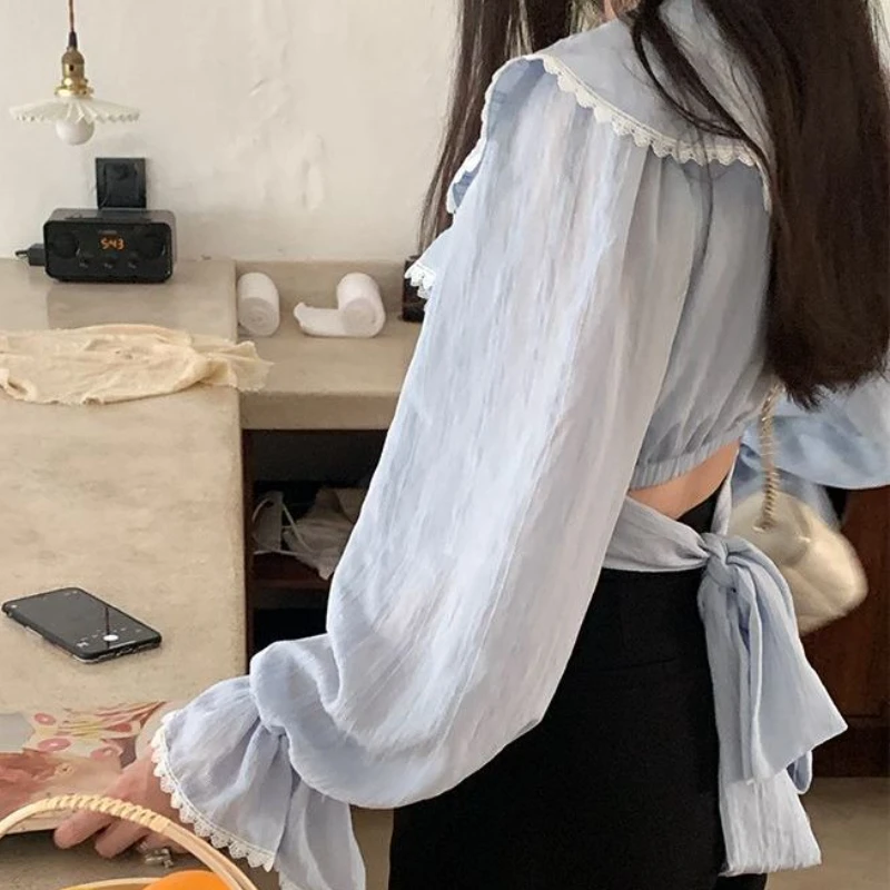 Ruffles Blouses Women Lace Slim Bandage Sweet Ladies Temperament Princess Flare Sleeve Fashion Ulzzang Simple All-match Classic