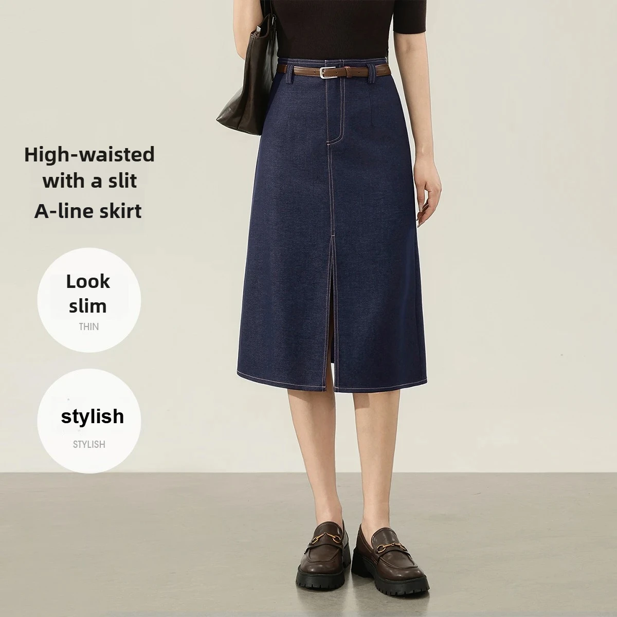 SENTUBILA Women Denim Midi Skirt High Waist Split Design Skirt Autumn Contrasting A-line Loose Skirt Women's Clothing 153QN2521
