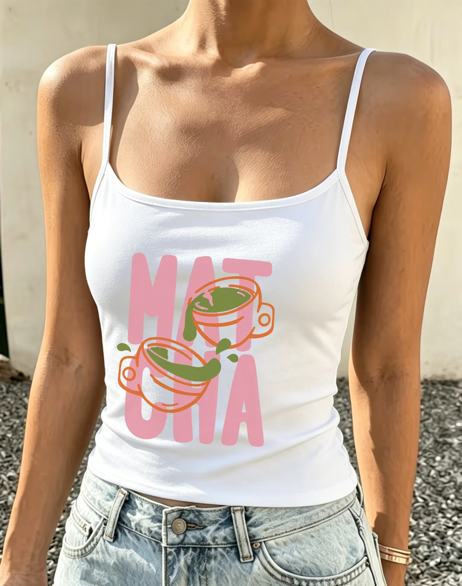 Cute Matcha Print Camisole Top Sun Beach Holiday Tank Graphic Tea Lovley Cami Sleeveless Summer Tee Gift Idea for Her