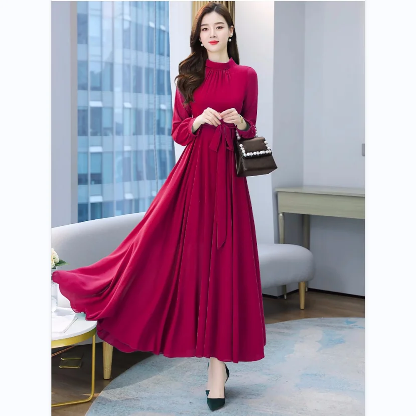 

YGN#Chiffon Dress Large Women's 2024 New Spring and Autumn New High end Mom's Long Dress Cheap Wholesale Green Wine Red Pink