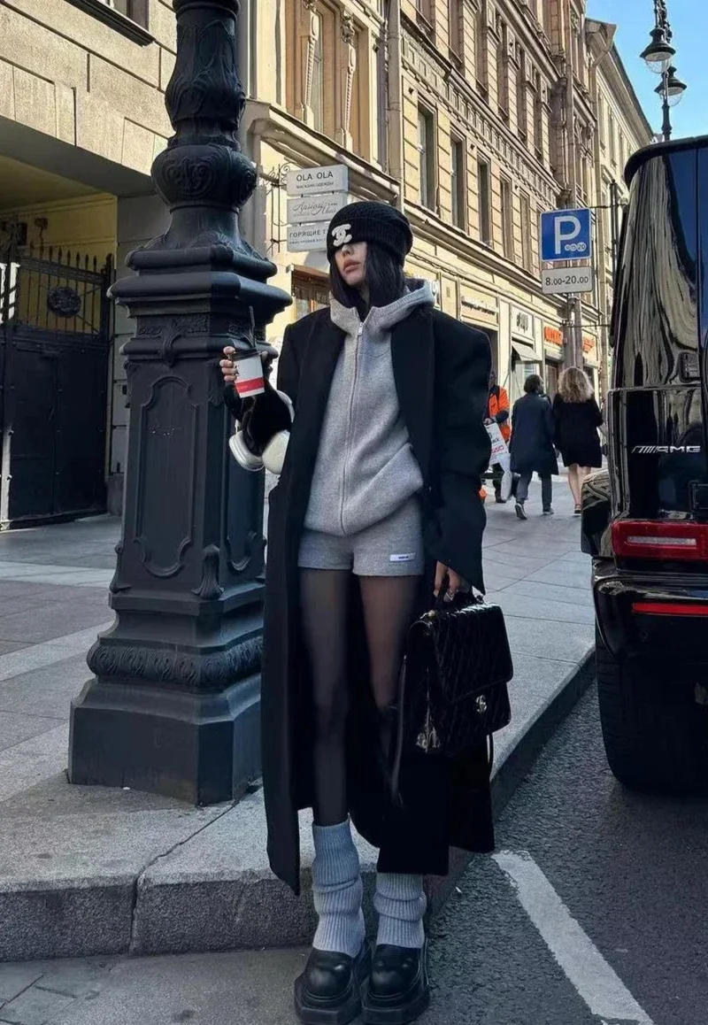 Y2k American Casual Sports Suit Women Lazy Hooded Cardigan Solid Color Loose Sweater Jacket Tight Shorts Gray Two Piece Set for