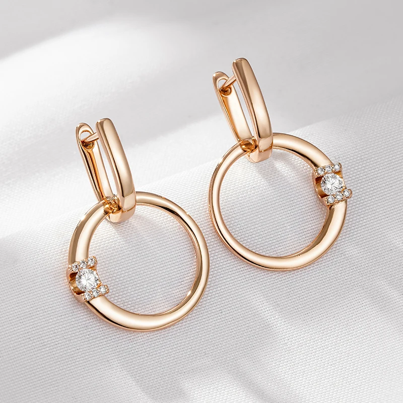 Kinel Fashion 585 Rose Gold Color Glossy Hollow Round Drop Earring for Women Unusual Shiny Natural Zircon Daily Fine Jewelry