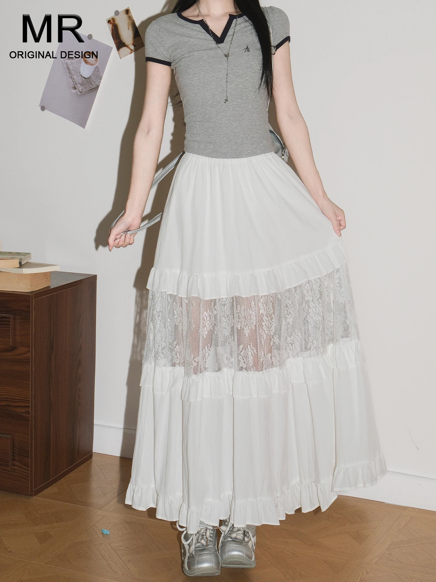 

Юбка с высокой талией и кружевными вставками, женская летняя новинка, многоярусная юбка-кейк, расклешенная А-силуэтная юбка, повседневный стиль