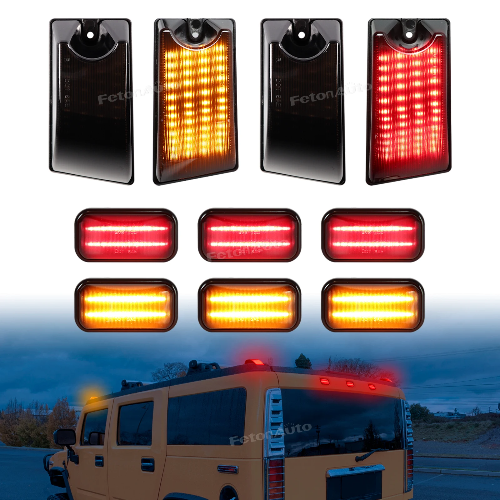 LED Front Amber Rear Red Top Clearance Marker Light Cab Roof Marker Lights Kit For Hummer H2 2003-2009& H2 SUT 2005-2009