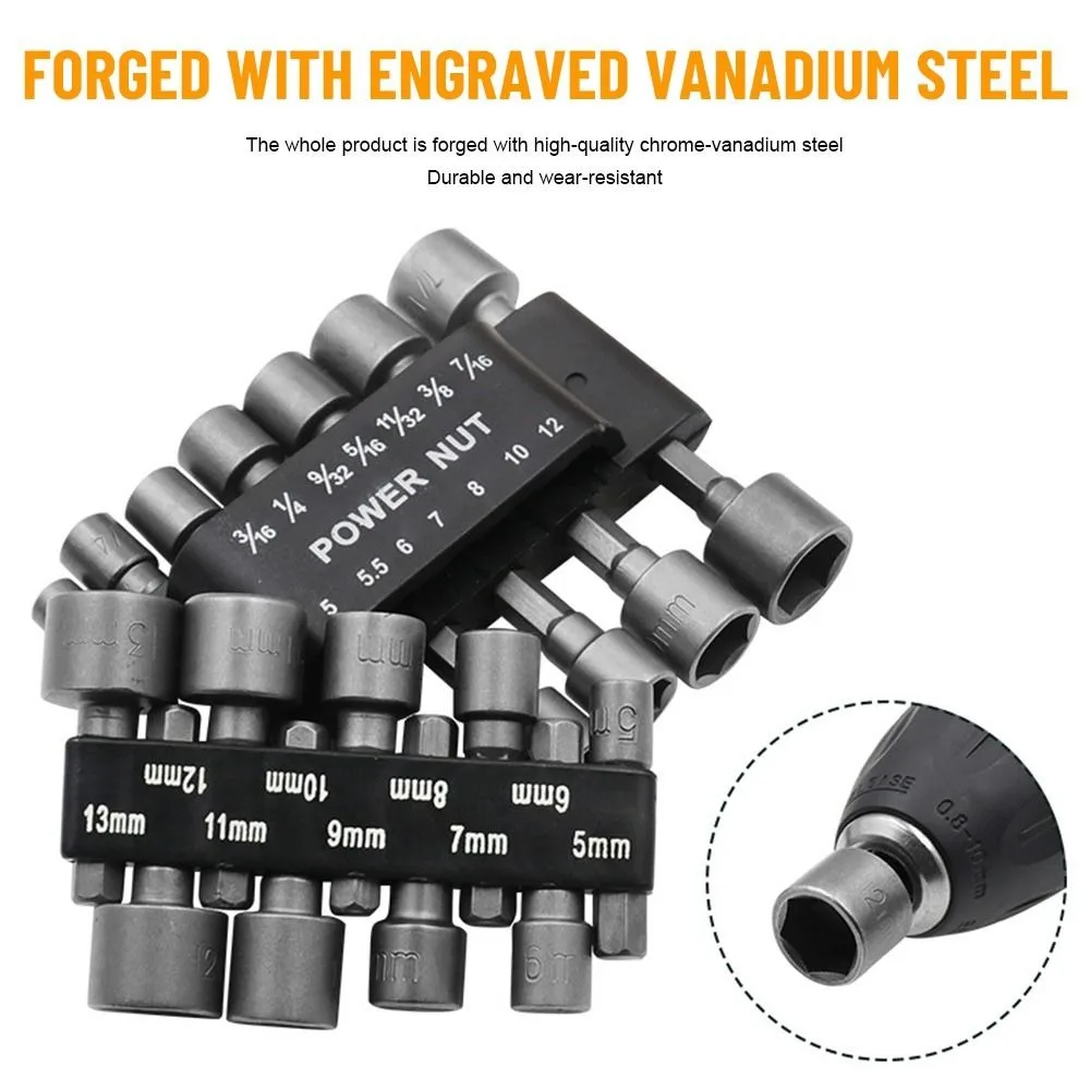 9/14 pezzi da 5 mm a 12 mm metrici ​ ​   Set di cacciaviti per dadi di potenza ​ ​ ​ ​ Punte per presa conducente ​ ​ Presa magnetica ​ ​   Manicotto con presa esagonale