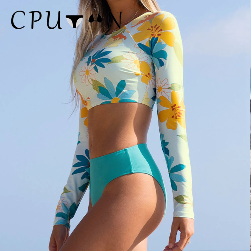 Cputan 2024ใหม่ชุดว่ายน้ำผู้หญิง tankini ชุดว่ายน้ำผู้หญิงชุดบิกินี่พิมพ์ลายเขตร้อนเซ็กซี่แขนยาวชุดว่ายน้ำฤดูร้อน