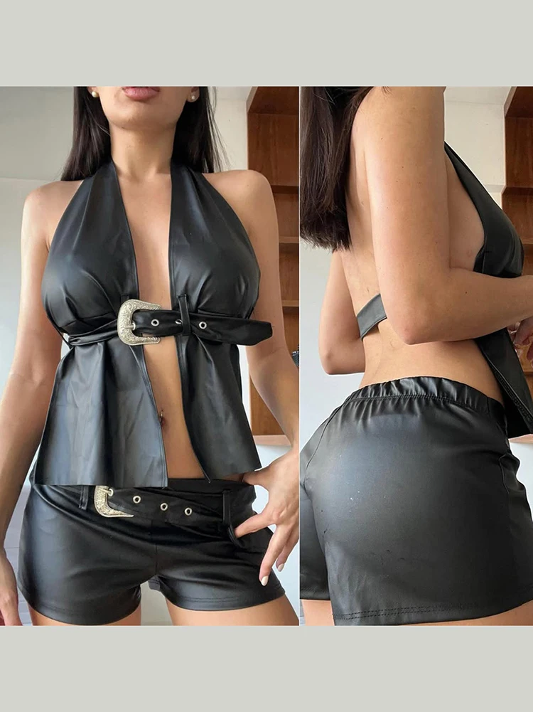 

InGrily Backless Faux Leather Tank Tops Women Y2K Summer Halter Adjustable Belt Summer Streetwear Luxury Sexy Nightclub Vest