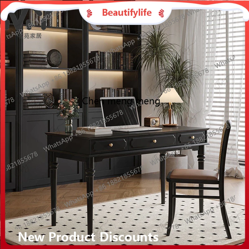 

French antique solid wood black desk, simple writing desk American rural retro H