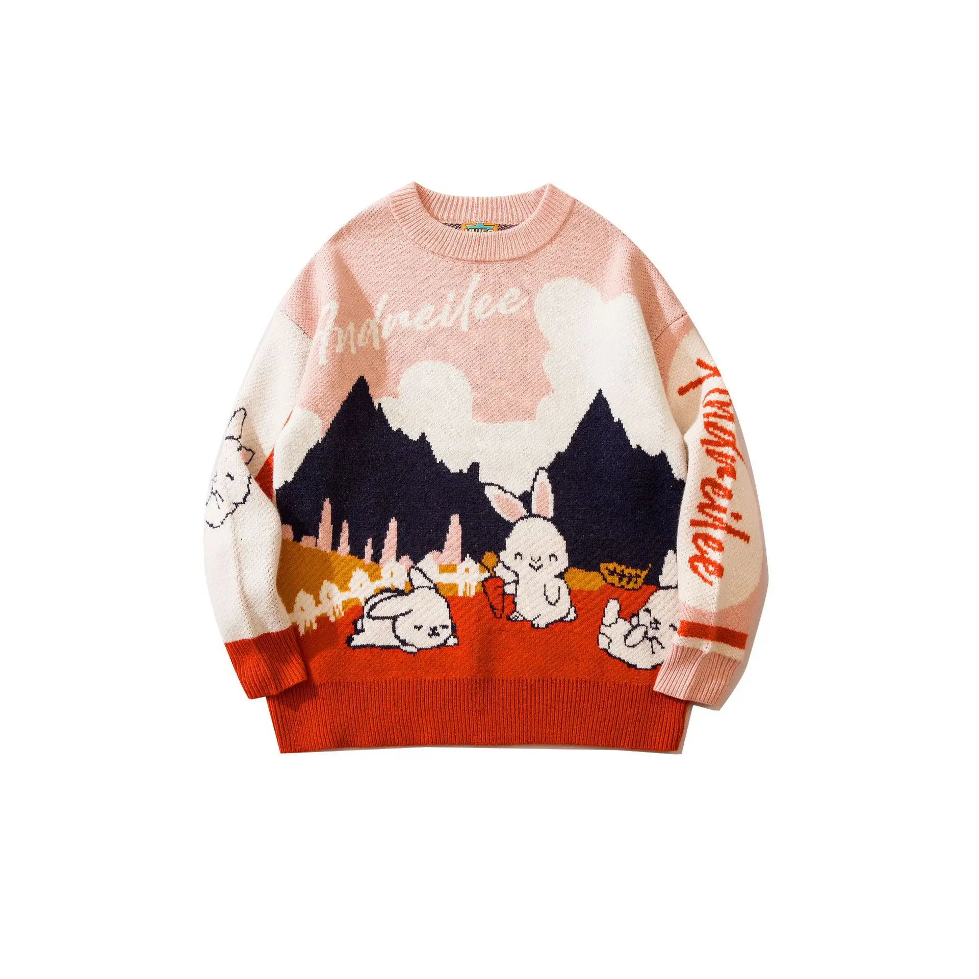 Japanese Cartoon Sweater Men and Women Autumn and Winter Little Rabbit Pullover Loose Causal Couple Knitted O-neck Jumpers S-XL