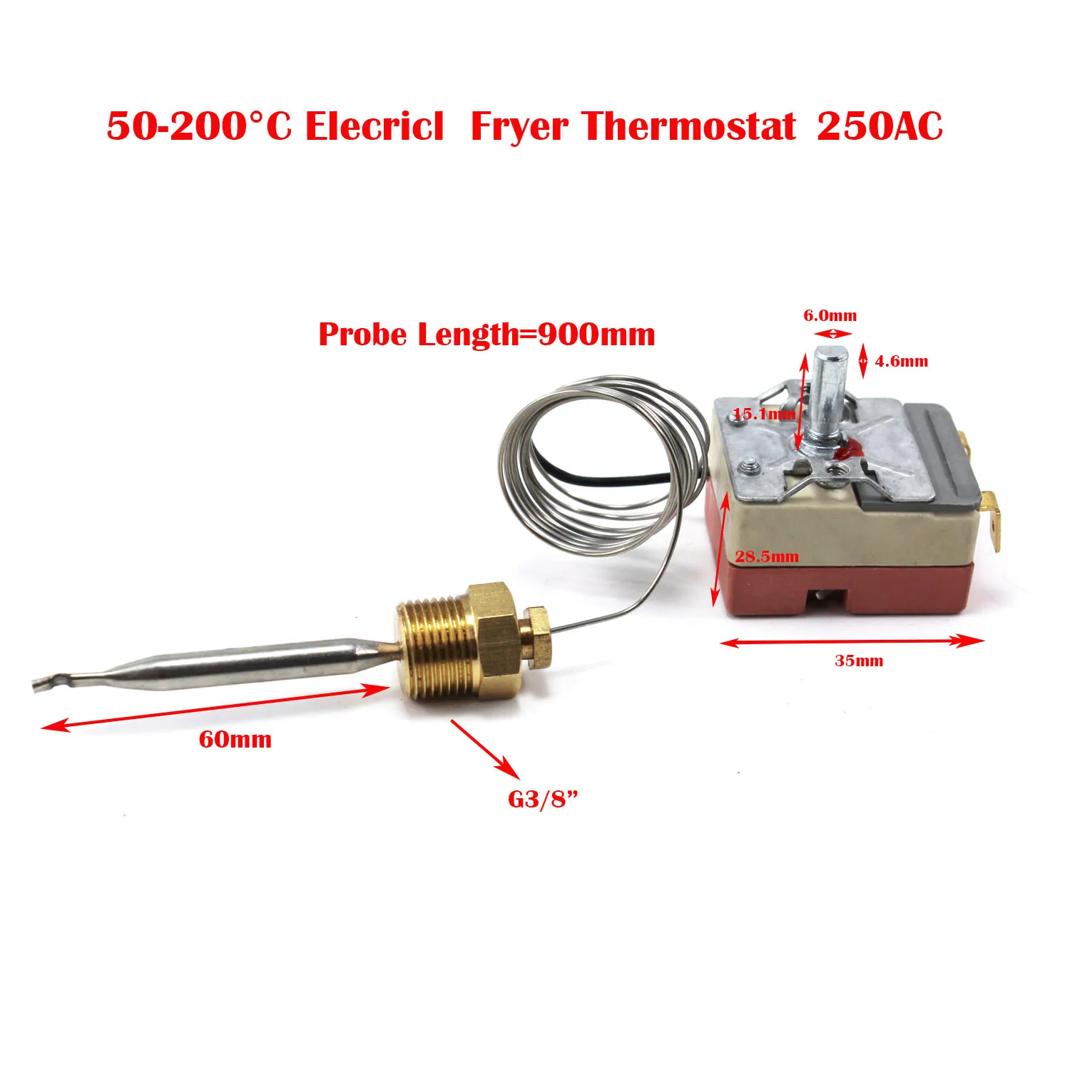 250 Volt Electric Fryer Thermostat Control Valve Parts with 3/8 Inch Brass Nut Temperature Range 50~200 degrees Celsius