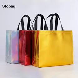 StoBag 10pcs Laser Non-woven Tote Shopping Bags Fabric Portable Waterproof Eco Storage Reusable Pouch Custom Logo(Extra Fee)