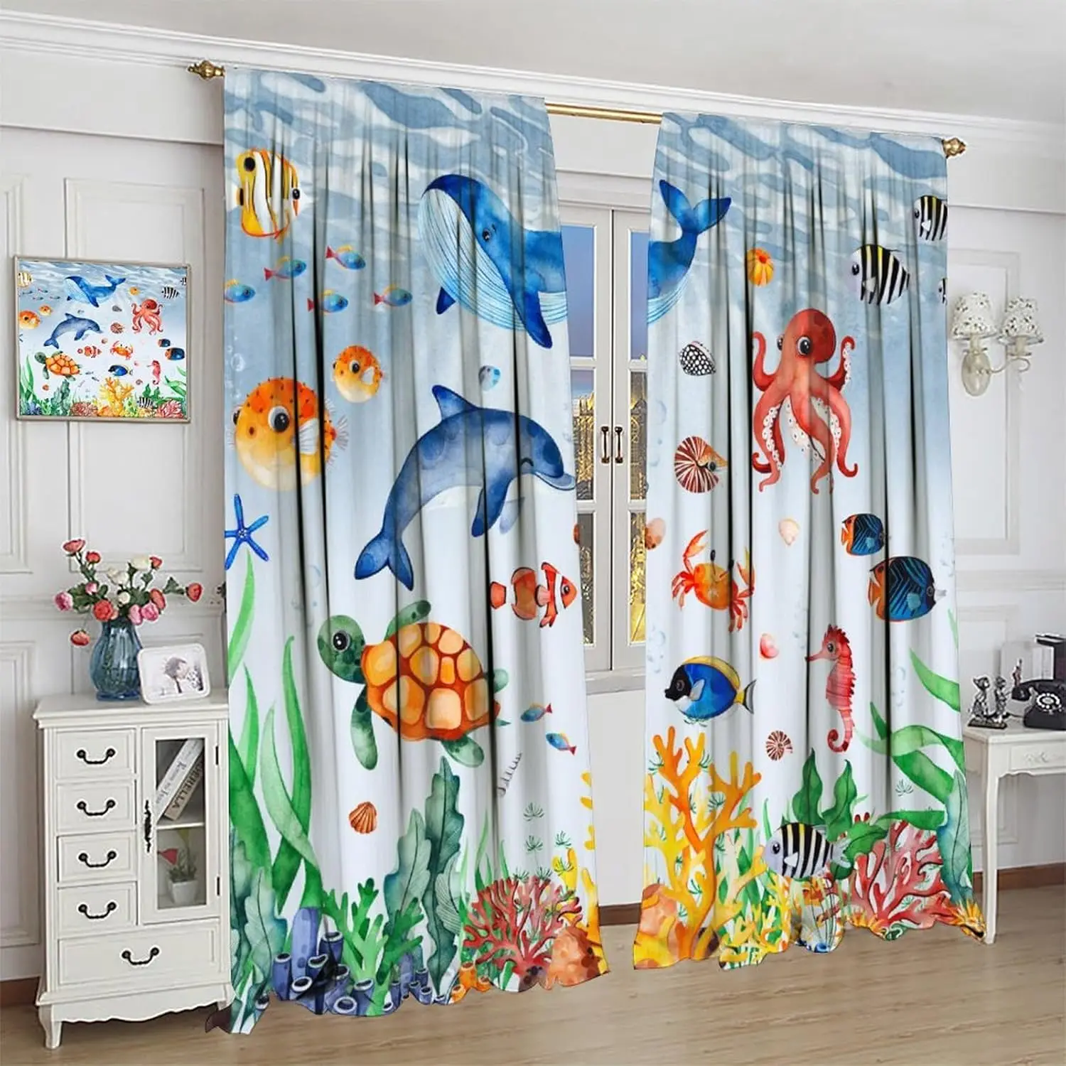 Sea Animal Curtains Boys Girls Bedroom Nursery Decor Cartoon Tropical Fish Underwater Coral Animals Art Printed Blackout Window