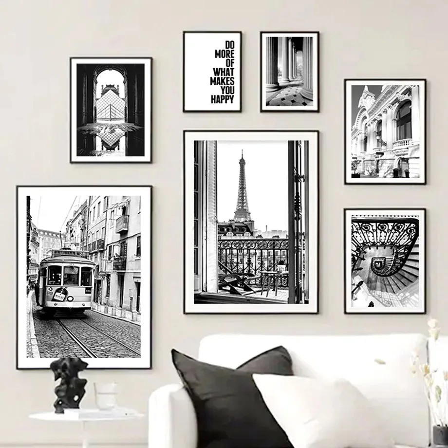 1 pieza (sin marco) Impresión artística de pared minimalista retro de lujo con diseño de Torre Eiffel, autobús y calle de París, Póster en lienzo para sala de estar
