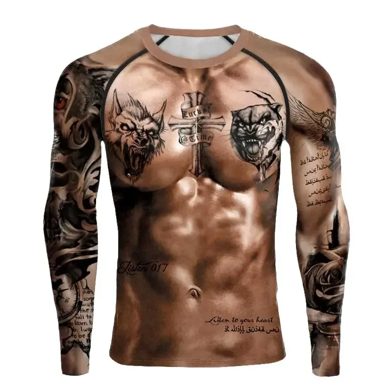 3D printed bodybuilder muscle simulation for men's sports tough guy fashion round neck hip-hop casual long sleeved T-shirt top